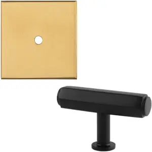 Cabinet Door Knob & Contrasting Backplate Set - Hex T Bar Pull - Matt Black & Satin Brass