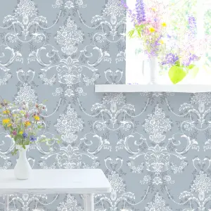 Amelie Damask Floral Blue & White Wallpaper 260246