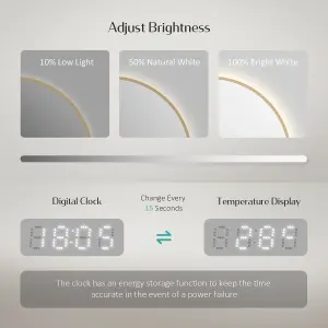 EMKE Bathroom Mirror with Led Lights, 600mm Illuminated Backlit Gold border Mirror with Demister, Touch, Dimmable, Clock