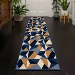 Navy Blue Diamond Geometric Living Room Runner Rug 60x240cm