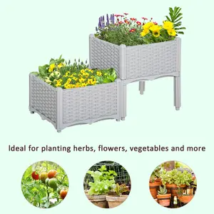 Outsunny 2-pieces Elevated Flower Bed Vegetable Herb Planter Plastic, Grey