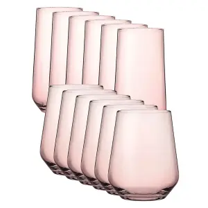 Queensway Home & Dining Combo Pack of 470ml 12 Pcs Pink Coloured Highball Tall & Tumbler Short Cocktails Juice Glasses