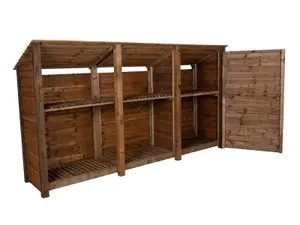 Wooden tool and log store (roof sloping back), garden storage with shelf W-335cm, H-180cm, D-88cm - brown finish