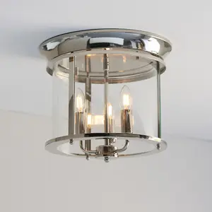 Bright Nickel Semi Flush Low Ceiling Light & Clear Glass Shade 3 Bulb Fitting