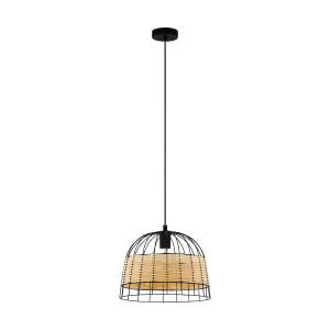 Hanging Ceiling Pendant Light Black & Wicker 1x 40W E27 Hallway Feature Lamp