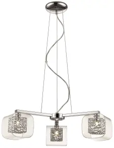 Luminosa Spring 3 Light Multi Arm Ceiling Pendant Mesh Chrome Glass Three, G9