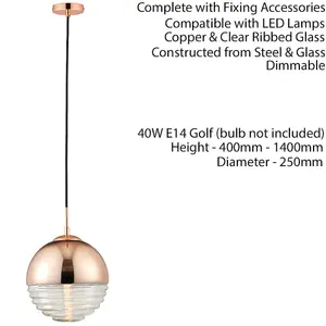 Hanging Ceiling Pendant Light COPPER & RIBBED GLASS Sphere Lamp Bulb Holder