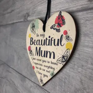 I Love You Beautiful Mum Gifts Hanging Sign For Birthday Mothers Day Plaque Heart