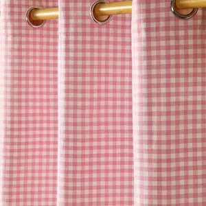 Homescapes Pink Cotton Gingham Eyelet Curtains 117 x 137 cm