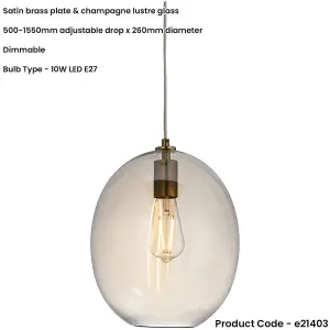 Hanging Ceiling Pendant Light - Satin Brass Plate & Champagne Lustre Glass - 10W LED E27