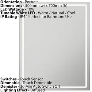 500 x 700mm IP44 LED Bathroom Mirror Cabinet - Touch Demister & Shaver Socket