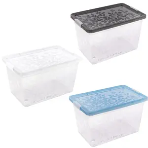 Set of 3 55 Litre Elegant Jasmine Leaves Strong Stackable Plastic Storage Boxes Complete With Clip Locked Lids