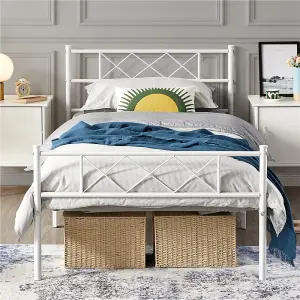 Yaheetech White 3ft Single Simple Metal Bed Frame with Cross-design Headboard & Footboard