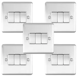 5 PACK 3 Gang Triple Metal Light Switch SATIN STEEL 2 Way 10A White Trim