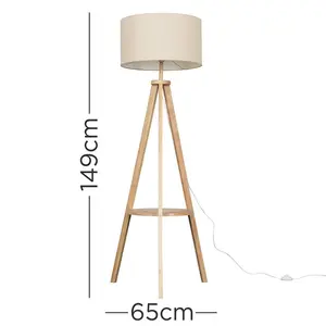 Ismay 149 cm Morrigan Wood Tripod Floor Lamp with Shelf & XL Reni Shade Light Brown / Biege / No