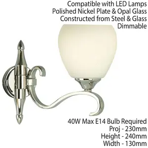 Luxury Traditional Single Arm Wall Light Bright Nickel Opal Glass Shade Dimmable