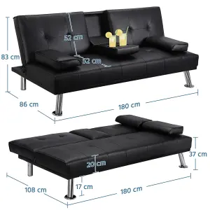 Yaheetech Black Faux Leather Convertible Sofa Bed with Drop-down Cup Holders and Pillows