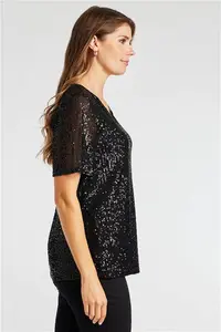 Bonmarche Black Half Sleeve Sequin Top, Size: 10