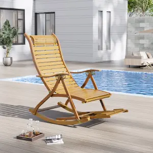 Foldable Natural Adjustable Balcony Wooden Bamboo Rocking Lounge Chair with Retractable Footrest