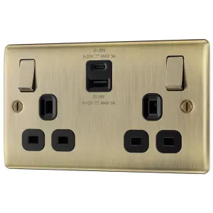 BG Antique Brass Double 13A 22W Raised slim Switched Screwed Socket with USB, x2 & Black inserts