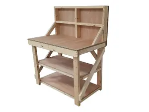 Wooden workbench 18mm eucalyptus hardwood top , kiln-dry work station (H-90cm, D-70cm, L-150cm) with back panel and double shelf