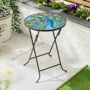 Folding Glass Table Garden Outdoor Patio Decoration Painted Round Top Christow Peacock