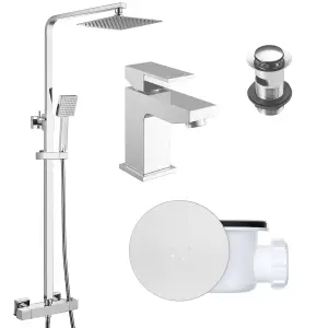 Square Chrome Thermostatic Overhead Shower Kit with Form Basin Mixer Tap Set & Shower Waste