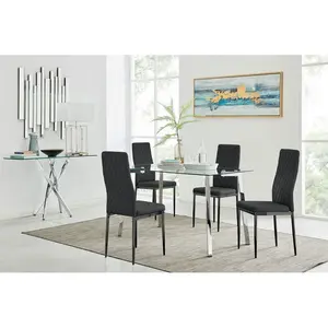 Eubanks Cosmic Luxury Glass and Chrome Dining Table Set with 4 Quilted Faux Leather Dining Chairs Black/Black