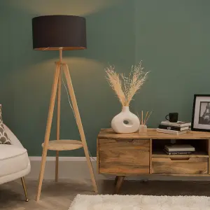 ValueLights Morrigan Modern Light Wood Tripod Design Floor Lamp Base with Storage Shelf