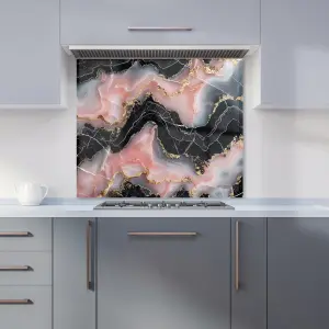 Baby Pink And Black Marble Effect Premium Glass Kitchen Splashback W900mm x H750mm