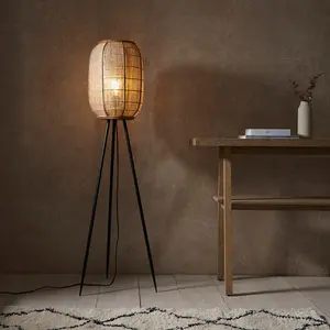 Luminosa Zaire Complete Floor Lamp, Natural Linen, Natural Bamboo, Matt Black