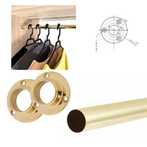 Round Wardrobe Rail Hanging Tube Pipe 900mm Polished Gold Set with End Brackets