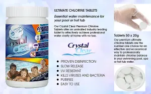 Crystal Clear Ultimate Chlorine Tablets 50 x 20g for Hot Tubs, Spa, Swimming Pools. 1kg