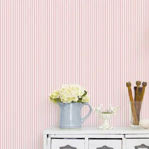 Galerie Miniatures 2 Pink White Ticking Stripe Smooth Wallpaper