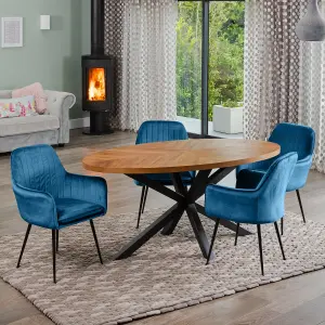 Dosenna Oval Dining Table Set with 4 Carrara Velvet Chairs - Blue