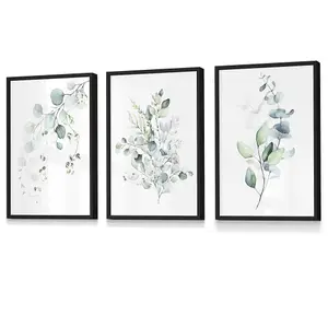 Set of 3 Green Blue Watercolour Eucalyptus Set 3 Wall Art Prints / 30x42cm (A3) / Black Frame