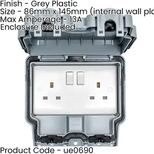 IP66 Outdoor 2 Gang Double Switched 13A UK Plug Socket Garden Enclosure Box