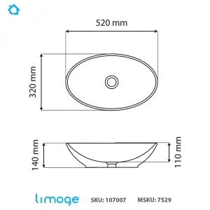 7529 Ceramic 52cm x 32cm Oval Countertop Basin