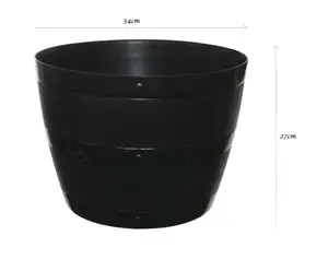 4x Black Barrel Planter Round Plastic Plant Pot 34cm Patio Garden Flower Tub