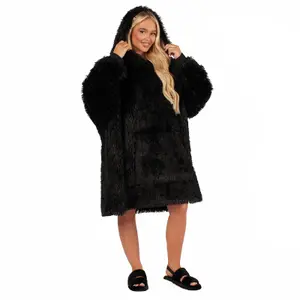 Sienna Fluffy Long Fibre Sherpa Hooded Blanket Plush Fleece Soft Throw, Black