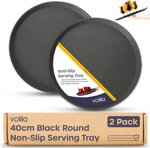 40cm Black Round Non-Slip Serving Tray Rubberized, Heat-Resistant, Dishwasher Safe, Ideal for Bars, Restaurants 2 Pack