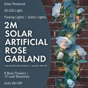 URBNLIVING 2M Solar Powered LED Artificial Rose Garland Outdoor Lighting Fairy String Lights