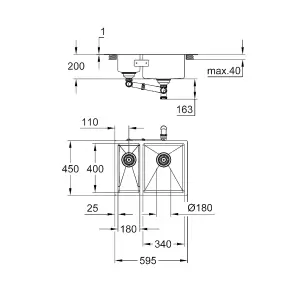 Grohe K700U Stainless Steel Stainless steel 2 Bowl Kitchen sink RH 450mm x 595mm