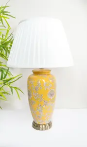 Yellow Floral Ceramic Table Lamp with Pleated Shade