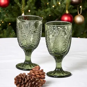 Set of 2 Vintage Luxury Green Leaf Embossed Drinking Wine Glass Wine Goblets 230ml