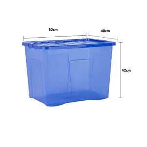 Wham Crystal 8 x 80L Plastic Storage Boxes with Lids. Large Size, Strong. Made in the UK Tint Spectrum Blue