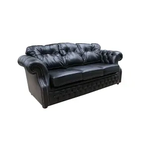 Chesterfield 3 Seater Old English Black Real Leather Sofa Bespoke In Era Style