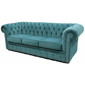 Chesterfield Handmade 3 Seater Sofa Settee Pimlico Teal Blue Fabric In Classic Style