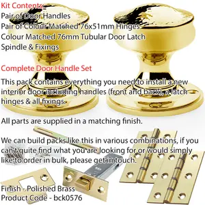 Mortice Door Knob & Latch Pack - Polished Brass - 50mm Hammered Georgian On Round Rose