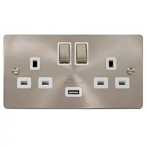 Flat Plate Satin / Brushed Chrome 2 Gang 13A DP Ingot 1 USB Twin Double Switched Plug Socket - White Trim - SE Home